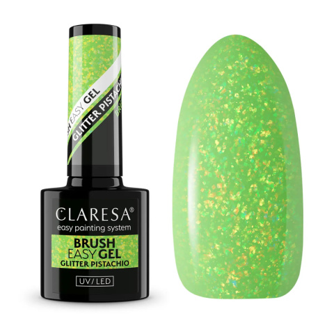 Claresa Brush Easy Gel GLITTER PISTACHIO 5g – Elastyczny Żel, Pistacjowy Kolor z Błyszczącą Folią