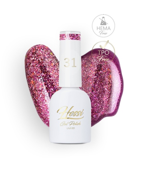 Hessi Lakier Hybrydowy 31 Glitter – malinowo-różowy ze złotą drobinką