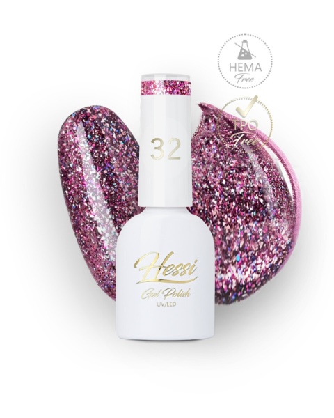 Hessi Lakier Hybrydowy 32 Glitter – fuksjowo-fioletowy z brokatem