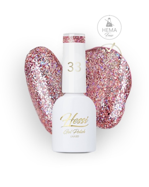 Hessi Lakier Hybrydowy 33 Glitter – różowy rose gold z brokatem