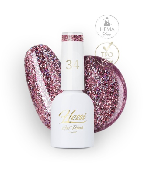 Hessi Lakier Hybrydowy 34 Glitter – różowo-fioletowy z brokatem