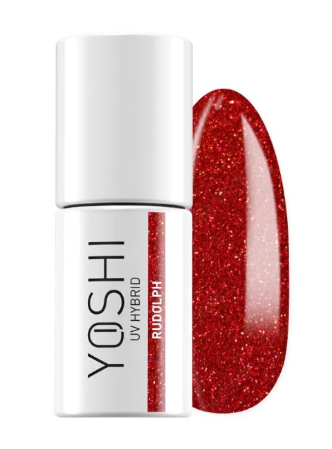 YOSHI Rudolph 414 – lakier hybrydowy 6 ml, świąteczna czerwień z brokatem TPO-FREE