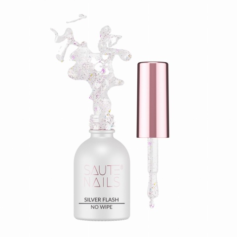 Saute Nails Silver Flash Top No Wipe 8ml – top hybrydowy z efektem flash i holograficzną drobinką